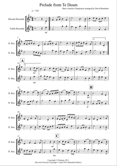 Prelude from Te Deum for Descant and Treble Recorder