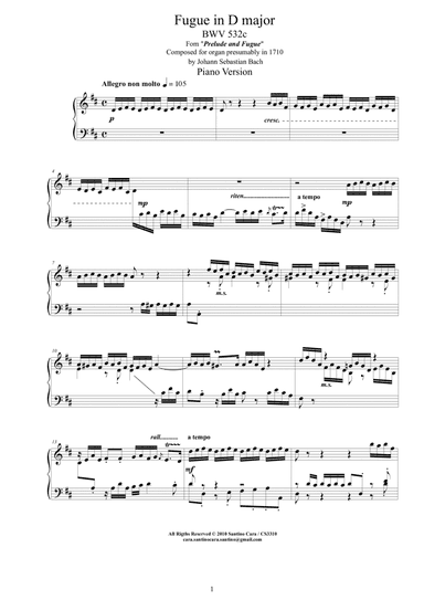 Bach - Fugue in D major BWV 532c - Piano version