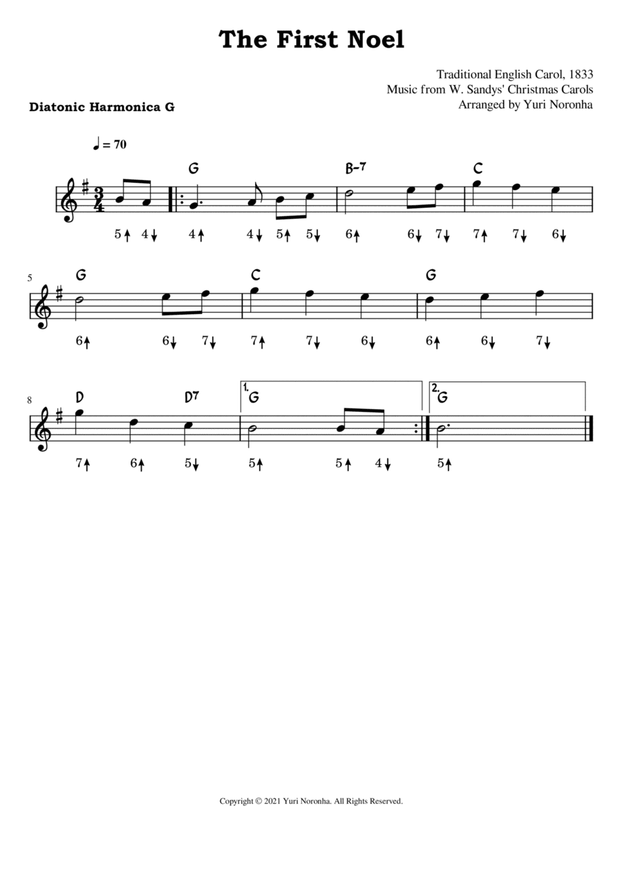 The First Noel - For Harmonica key G (Very Easy Christmas Carol)
