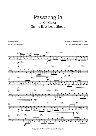 Passacaglia - Easy String Bass Lead Sheet in G#m Minor (Johan Halvorsen's Version)