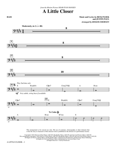 A Little Closer (from Dear Evan Hansen) (arr. Roger Emerson) - Bass