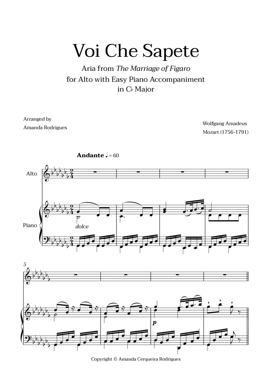 Voi Che Sapete from "The Marriage of Figaro" - Easy Alto and Piano Aria Duet in Cb Major