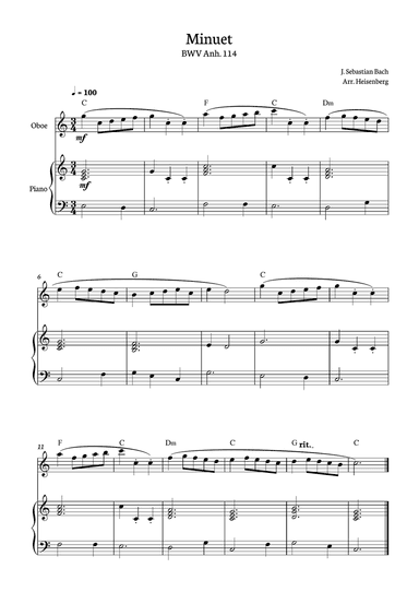 Minuet - Bach for oboe solo with piano.