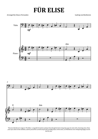 Für Elise by Beethoven - Tuba and Piano with Chord Notation, Für Elise by Beethoven - Tuba and Piano