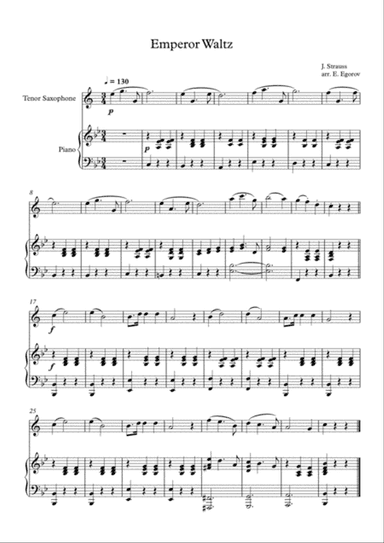 Emperor Waltz, Johann Strauss Jr., For Tenor Saxophone & Piano