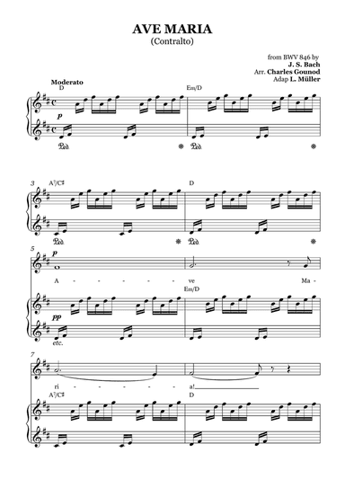 AVE MARIA - Bach/Gounod. For Soloist Contralto in D Major with Piano Accompaniment