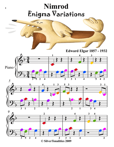 Nimrod Enigma Variations Beginner Piano Sheet Music with Colored Notes