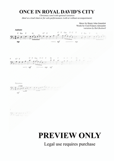 Once in Royal David's City - Lead Sheet or Solo for bass-clef instrument (F Major)