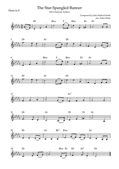 The Star Spangled Banner (USA National Anthem) for Horn in F Solo with Chords (Gb Major)