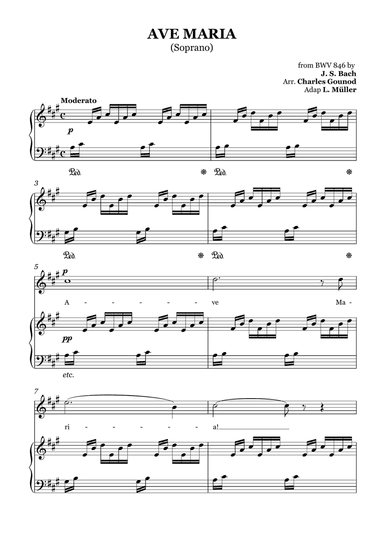 AVE MARIA - Bach/Gounod. For Soloist Soprano in A Major with Piano Accompaniment