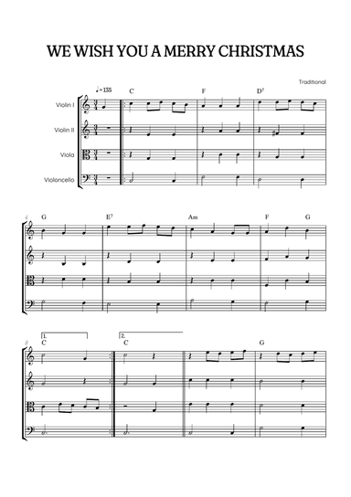 We Wish You a Merry Christmas for String Quartet • easy Christmas sheet music with chords
