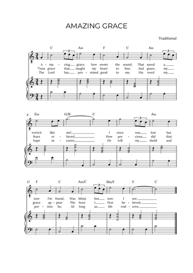 AMAZING GRACE - for piano and tenor in C major with chords