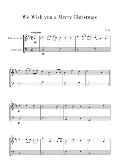 We Wish you a Merry Christmas for Clarinet in Bb and Violoncello