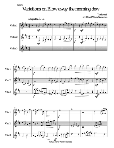 Variations on Blow away the morning dew for violin trio