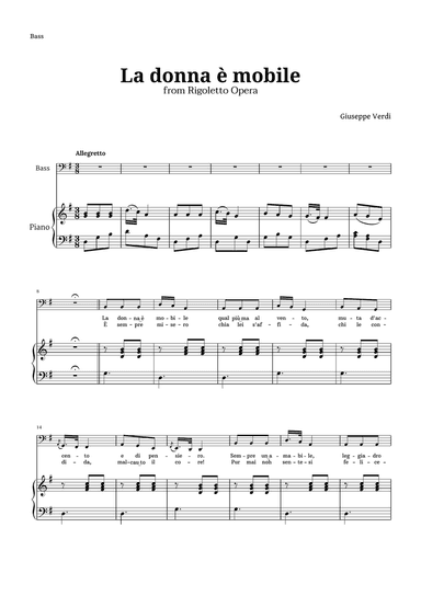 La donna è mobile in G major for Bass and Piano