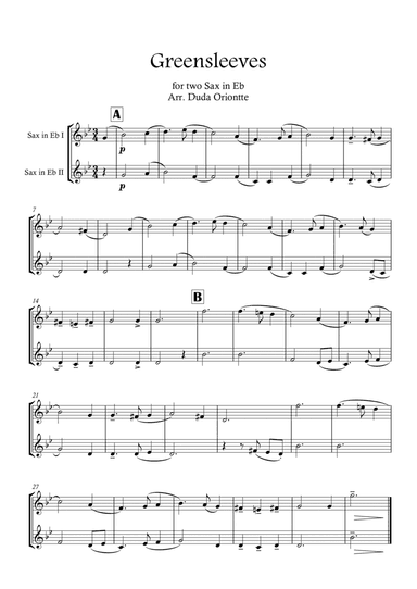 Greensleeves (Green Leeves) BARITONO SAXOPHONE DUO. (English folk music, broadside) BEGINNER