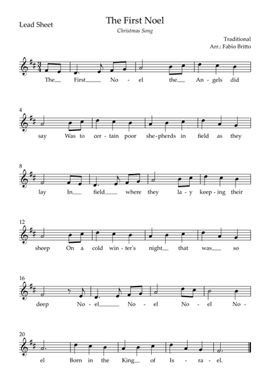 The First Noel (Christmas Song) Lead Sheet in D Major.