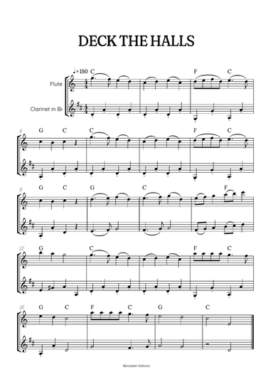 Deck the Halls flute and clarinet duet • easy Christmas song sheet music with chords