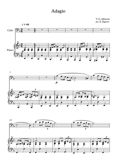 Adagio (In G Minor), Tomaso Giovanni Albinoni, For Cello & Piano