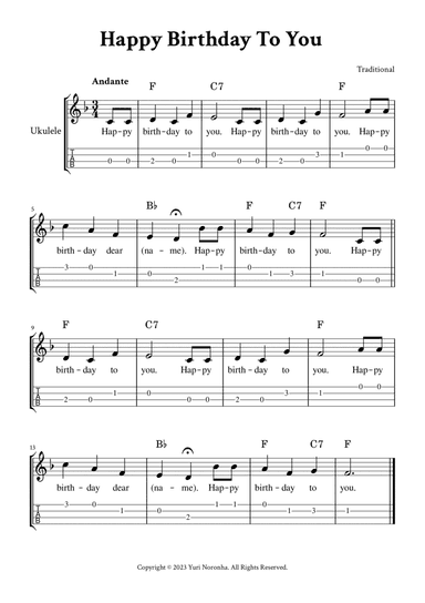 Happy Birthday To You - For Ukulele (F Major - with TAB, Chords and Lyrics)