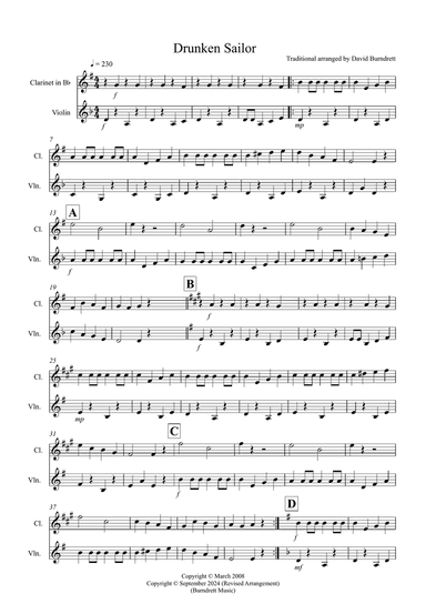 Drunken Sailor for Clarinet and Violin Duet