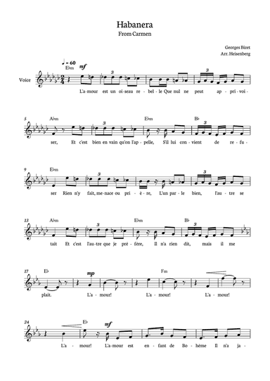 Habanera Carmen for voice in Eb minor with chords.