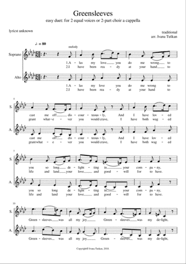 Greensleeves, easy duet SA or 2 – part choir a cappella, F minor
