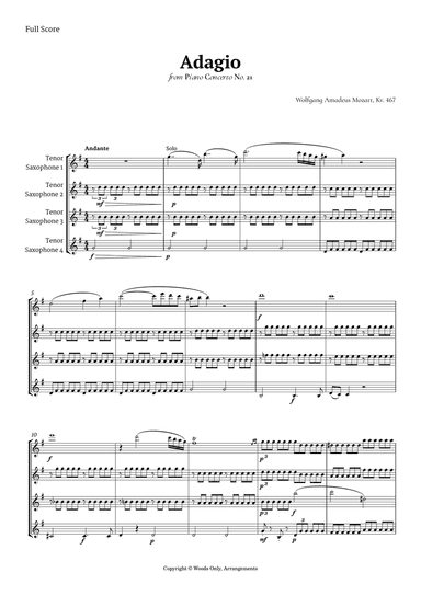 Andante from Piano Concerto No. 21 by Mozart for Tenor Sax Quartet