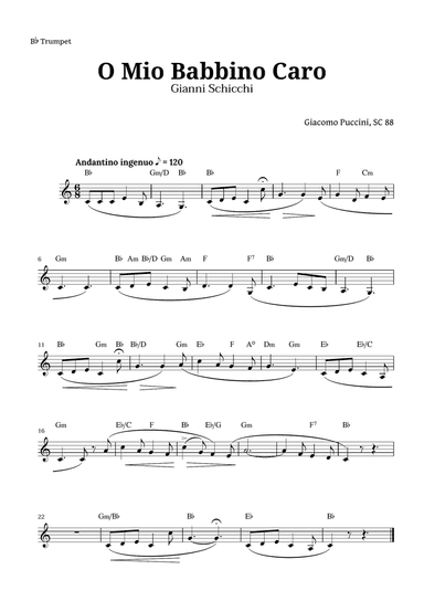 O Mio Babbino Caro by Puccini for Trumpet and Chords