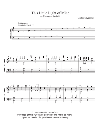 This Little Light of Mine -handbell arrangement for Level 2 (easy) for 2 or 3 octave handbells arran