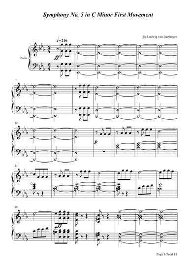 Beethoven Symphony No. 5 1st movement for piano solo C minor Intermediate