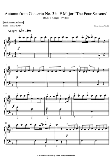 Autumn from Concerto No. 3 in F Major “The Four Seasons” (EASY PIANO) Op. 8, I. Allegro (RV 293)