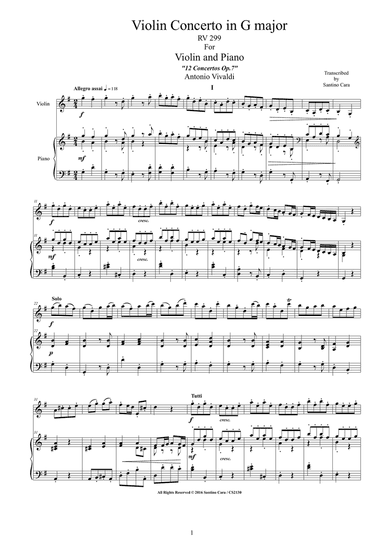 Vivaldi - Violin Concerto No.8 in G major RV 299 Op.7 for Violin and Piano