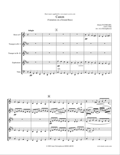 Pachelbel's Canon - Brass Quintet - French Horn, 2 Trumpets, Euphonium or Trombone, Tuba