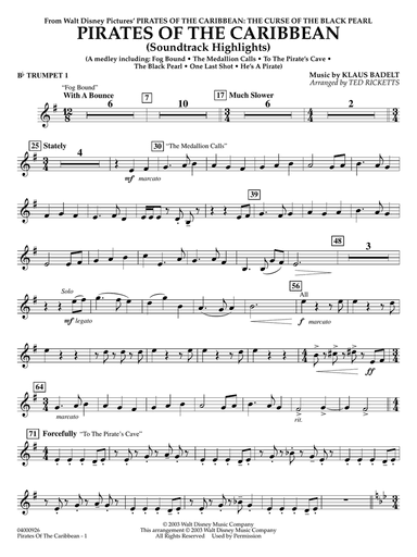 Pirates of the Caribbean (Soundtrack Highlights) (arr. Ted Ricketts) - Bb Trumpet 1