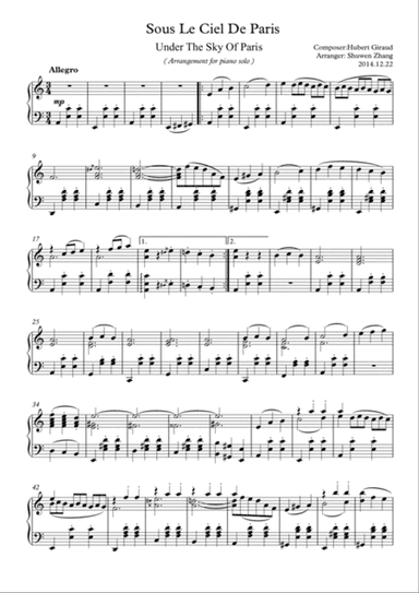 Under the Sky of Paris(for piano solo)