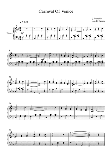 Carnival Of Venice, Julius Benedict, For Easy Piano