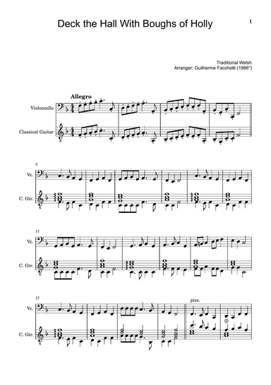 Traditional Welsh - Deck the Hall With Boughs of Holly. Arrangement for Violoncello and Guitar
