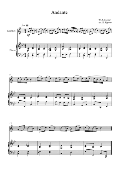 Andante (In Eb Major), Wolfgang Amadeus Mozart, For Clarinet & Piano