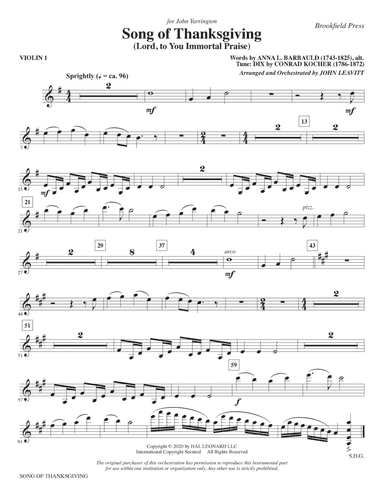 Song of Thanksgiving (Lord, to You Immortal Praise) (arr. Leavitt) - Violin 1