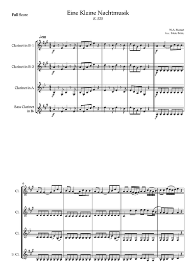Eine kleine Nachtmusik (W.A. Mozart) for Clarinet Quartet (Simplified)