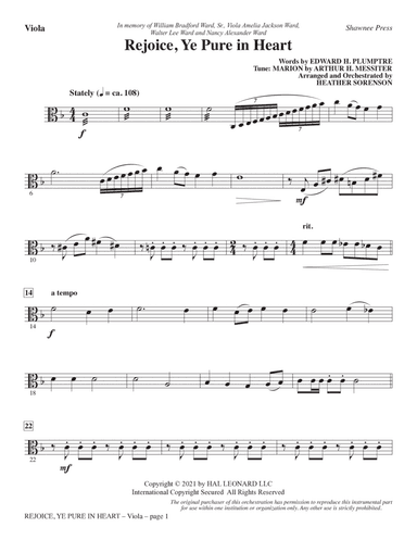 Rejoice, Ye Pure In Heart (arr. Heather Sorenson) - Viola