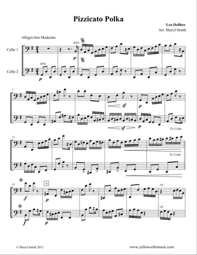 Pizzicato Polka arranged for two cellos (cello duo / duet)
