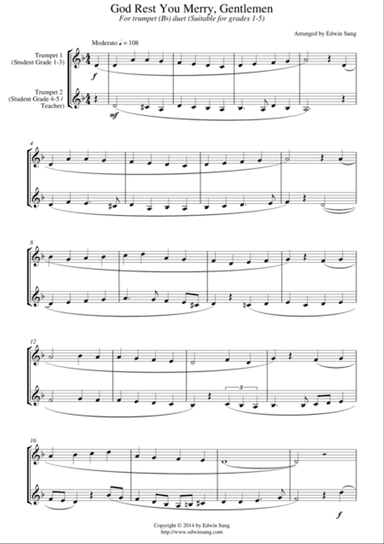 God Rest You Merry, Gentlemen (for trumpet (Bb) duet, suitable for grades 1-5)