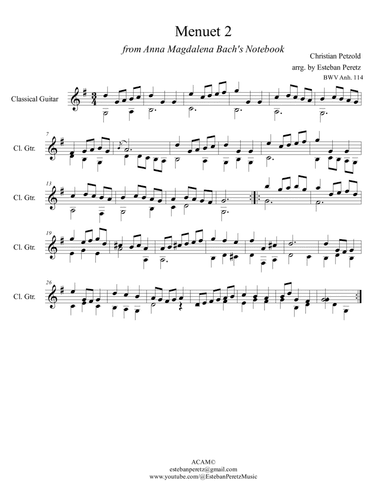 Menuet 2 from Anna Magdalena Bach's Notebook for Classical Guitar