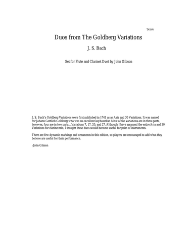 J. S. Bach Duos from The Goldberg Variations set for Flute and Clarinet