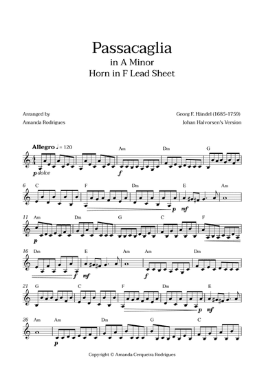 Passacaglia - Easy Horn in F Lead Sheet in Am Minor (Johan Halvorsen's Version)