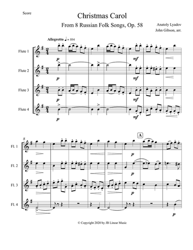 Russian Christmas Carol set for Flute Quartet