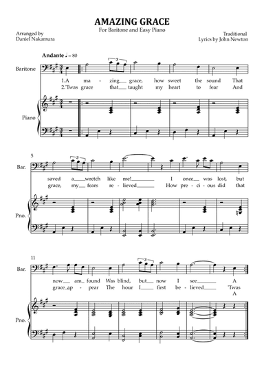 Amazing Grace (for baritone vocal with easy piano)