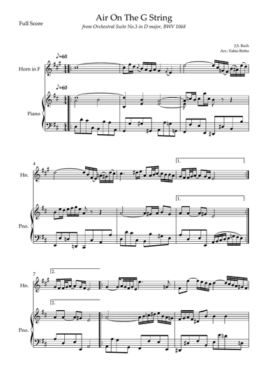 Air On The G String (J.S. Bach) for Horn in F Solo and Piano Accompaniment